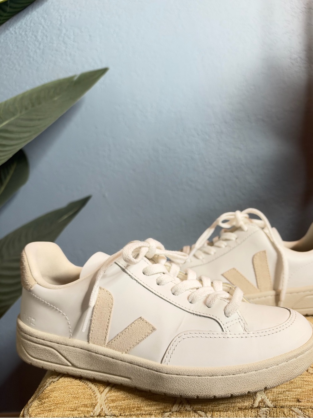 Veja V-12 Leather Sneakers in the White / Sable (Beige)